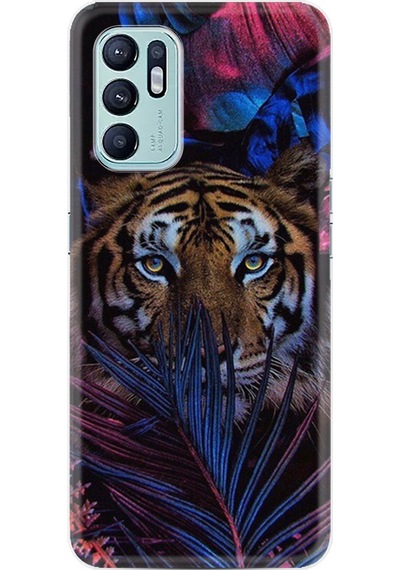 Oppo Reno 6 Kılıf Resimli Desenli Baskılı Silikon Flowers Tiger 1319