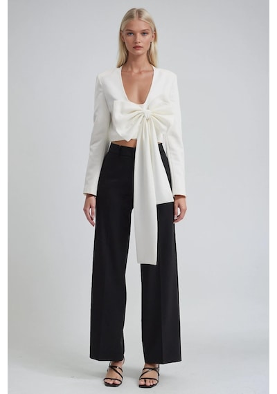 Büyük Fiyonk Detaylı Derin V Yaka Crop Blazer Ceket 6188 Beyaz