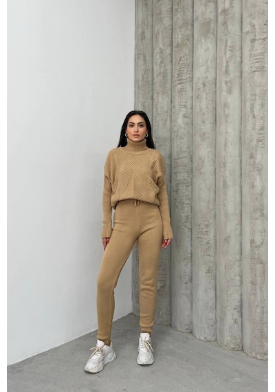 Neşeli Butik Kadın Camel Fitilli Balıkçı Yaka Alt Üst Triko Takım Nbdm1215
