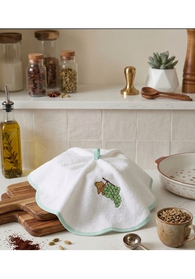 %100 Pamuk Yuvarlak Mutfak Havlusu 50 Cm 2 Li Set Yüksek Emicilik, Askı Halkalı, Nakışlı, Makinede Yıkanabilir Kurulama Bezi Beyaz
