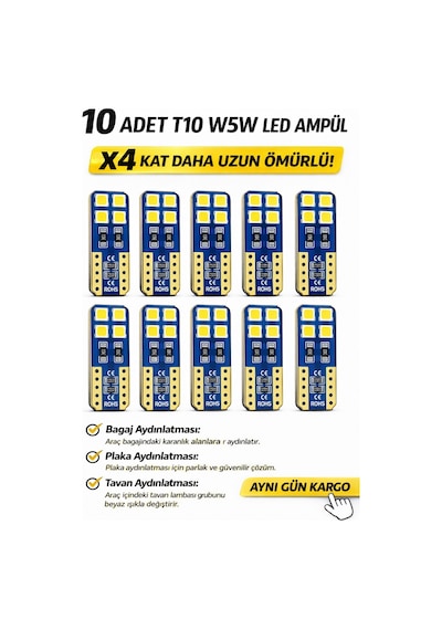 10 Adet T10 W5w Led Ampul - Ultra Uzun Ömürlü Beyaz Plaka Ve Tavan Aydınlatması