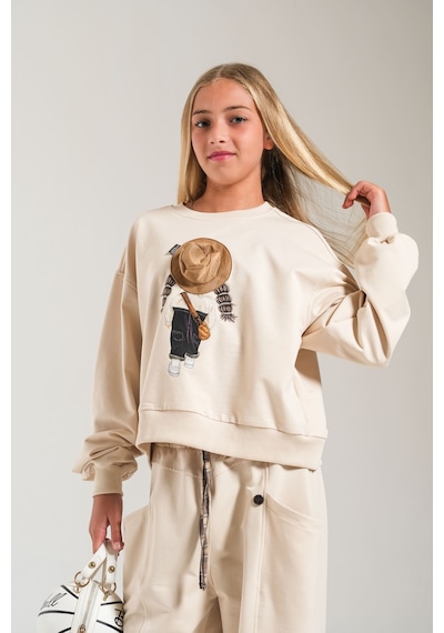 Loco Loco Bej Baskılı Şapka Aksesuarlı Çocuk Sweatshirt