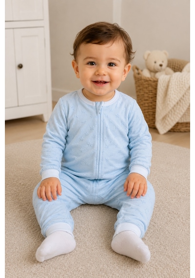Babyhola 1.5 Tog Gül Ve Yıldız Desenli Kadife Uzun Kollu Bebek Uyku Tulumu 2710 Mavi