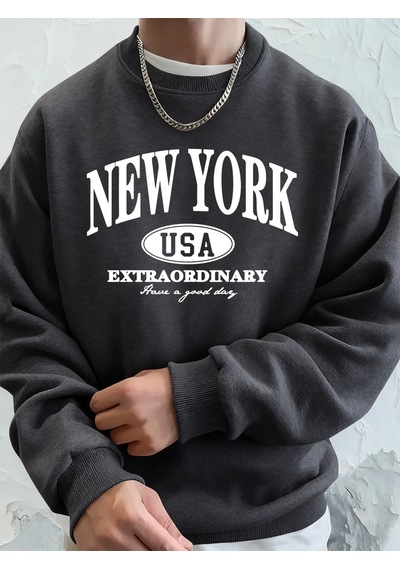 Startmore Tarzsokak New York Abd Baskılı Erkek Tişörtü Kış Büyük Boy Kapüşonlular Hip Hop Bisiklet Yaka Polar Sıc Antrasit