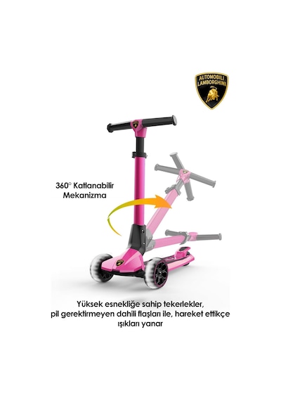 Lamborghini Lisanslı L1 Luxury Katlanabilir 3 Tekerlekli Işıklı Çocuk Scooter Pembe