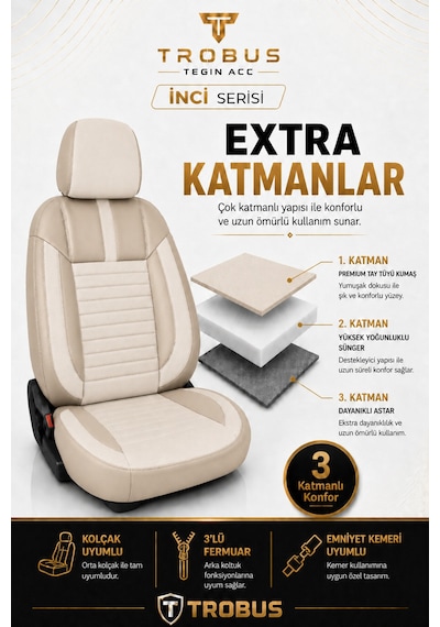 Audi A3 Sedan 2003+ Uyumlu İnci Serisi Bej Oto Koltuk Kılıfı
