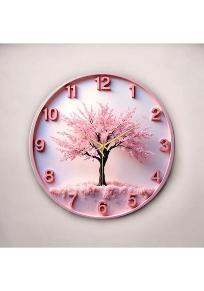 Pembe Renkli Baskı Ağaç Doğa Desenli Sayılı Hediyelik Ahşap Sessiz Duvar Saati 50cm ÇOk Renkli