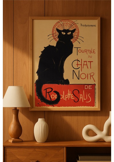 Chat Noir Kedi Doğal Ahşap Çerçeveli Poster, Dekoratif Sanatsal Duvar Tablosu