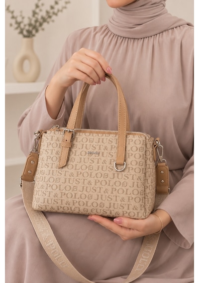 Just Polo Kadın Orta Boy Premium Deri Ayarlanabilir Askılı 3 Bölmeli Şık El & Omuz Çantası Shoulder Bag Kum