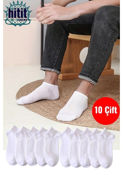 Hitit Socks Hitit Sock Erkek 10 Çift Premium Kalite Pamuklu Düz Patik Beyaz