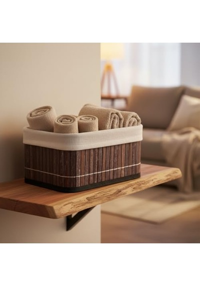 Deconox Mini Dikdörtgen Bambu Düzenleyici Ve Saklama Sepeti Gri Ahşap Banyo, Makyaj Ve Ofis Organizeri, Kumaş Astarlı Dekoratif Kutu 20x15x10 Cm