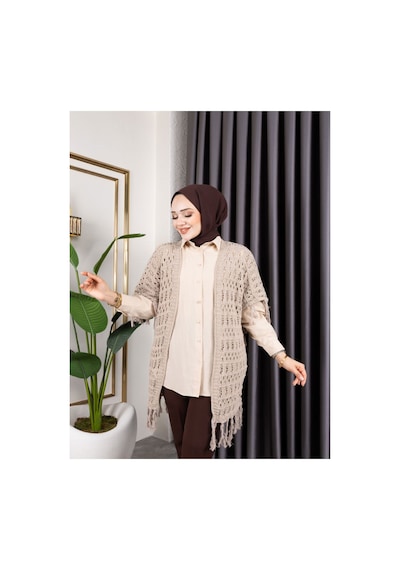 Hira Life Fashion Kadın Mevsimlik Saçaklı Ve Ajurlu Pamuk Triko Hırka Bej Bej