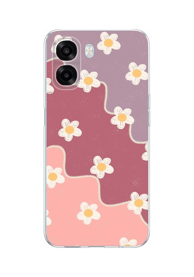 Oppo A6t - A6x Uyumlu Gül Kurusu Ve Lila Tonlu Dalgalı Papatya Baskılı Silikon Kılıf Renkli