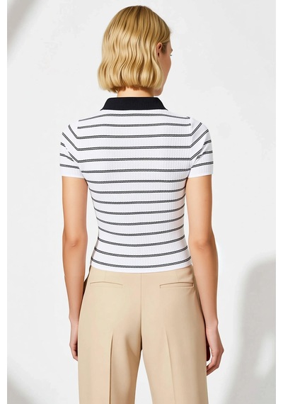 Benerly Kadın Bluz Polo Yaka Kısa Kol Triko İnce Fitilli Desenli Fitted K siyah