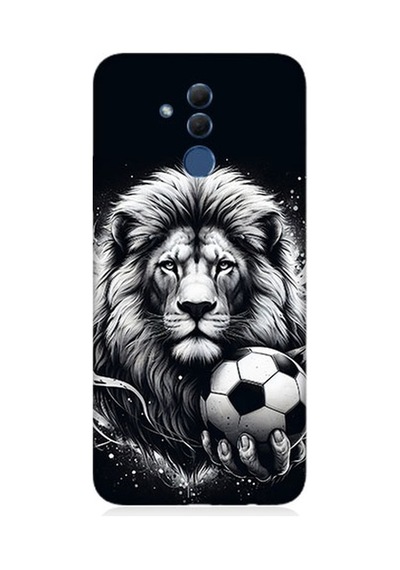 Huawei Mate 20 Lite Uyumlu Siyah Beyaz Aslan Ve Futbol Topu Desenli Silikon Kılıf