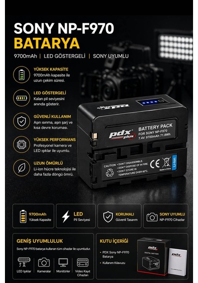 Pdx Sony Np-f970 Batarya 9700mah Led Göstergeli