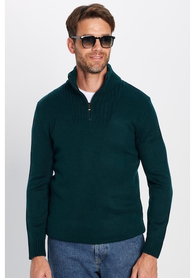 Tudors Erkek Slim Fit Dar Kesim Armürlü Fermuarlı Yeşil Dik Yaka Kazak-31397