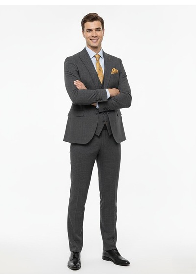 Presto Erkek Slimfit Armürlü 6 Drop Yelekli Takım Elbise Füme 786-070 Gri
