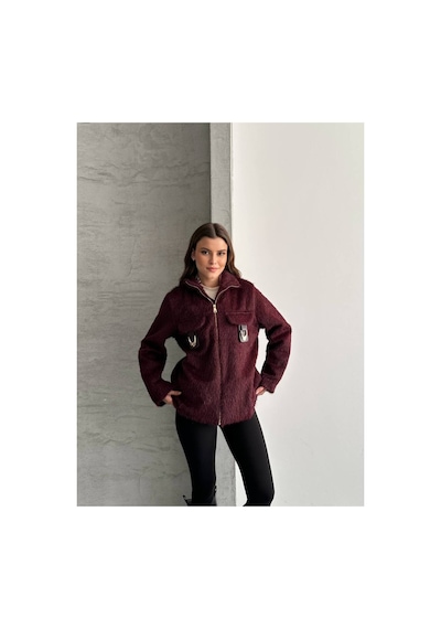 Asur Boutique Asur Butik Kadın Keçeli Kumaş Tokalı Fermuarlı Ceket Bordo