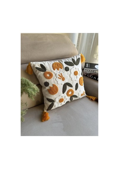Punch Nakışlı & Püsküllü Kırlent Kılıfı Krem Kumaş Turuncu - 756604522 Turuncu