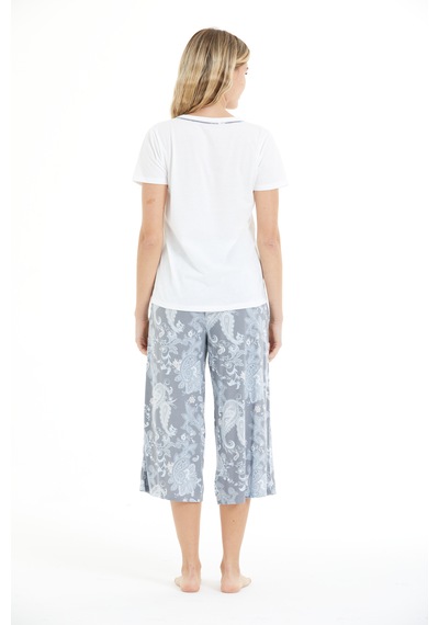 Lılac Kadın Çiçek Desenli %100 Viscon Capri Pijama Takımı AÇIK GRİ