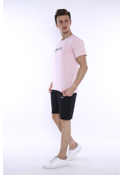 Erkek Spor Pudra Bisiklet Yaka Slim Fit Alt-Üst Şort Takım-3842 Pudra