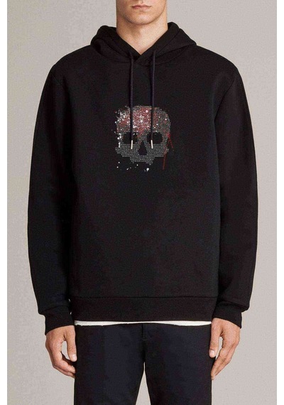 Computer Skull Baskılı Siyah Erkek Örme Kapşonlu Sweatshirt -
