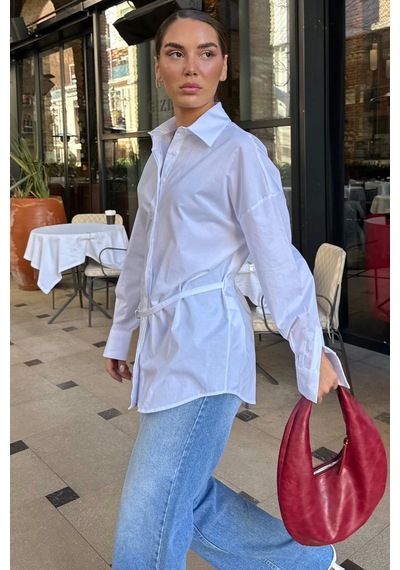 Seeh Beyaz Kemer Detaylı Oversize Kadın Gömlek Sh366 Basic