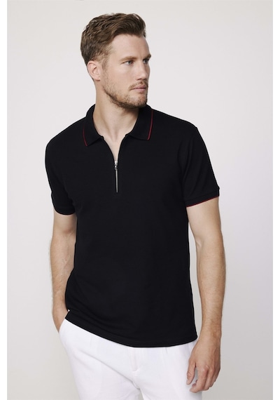 Tudors Erkek Polo Yaka Slim Fit Pamuk Fermuarlı Pike Siyah Tişört-27685-Siyah