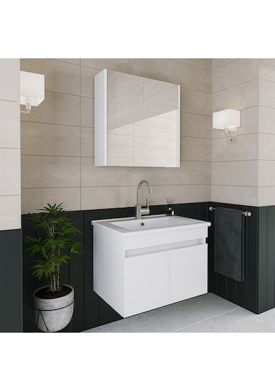 Banos Al3 Lavabolu Beyaz 65 Cm Aynalı Banyo Dolabı Takımı Beyaz