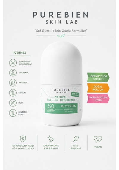 Doğal Kadın Roll On Deodorant Dermatolog Onaylı Koltuk Altı Kararmalarına Karşı Bakım, Ter Kokusu Önleyici, Alkolsüz, Vegan, Leke Bırakmaz