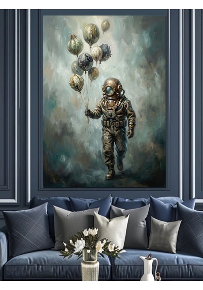 Gökyüzünde Balon Tutan Astronot Tablosu Dekoratif Kanvas - Mdf Ahşap Tablo
