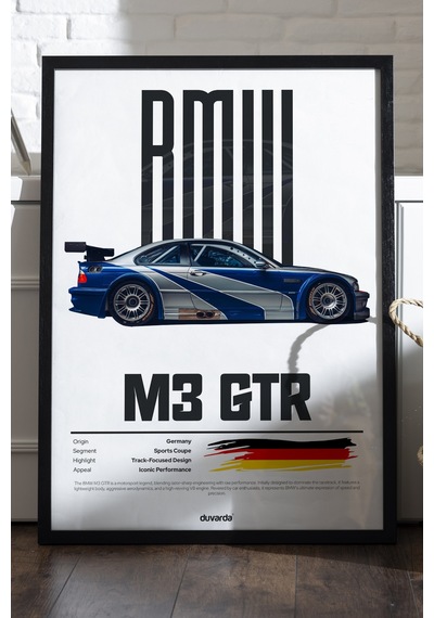 Bmw M3 Gtr Araba Siyah Ahşap Çerçeveli Poster, Dekoratif Duvar Tablosu