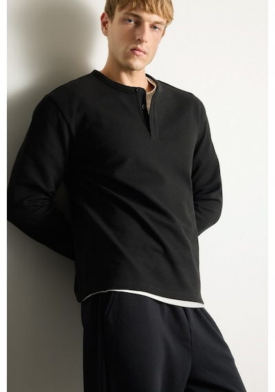 Defacto Regular Fit Waffle Dokulu Henley Yaka Uzun Kollu Basic Tişört I2067ax26aubk81 Siyah-bk81