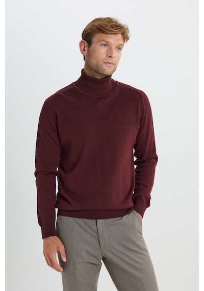 AC&Co / Altınyıldız Classics Erkek Bordo Pamuklu Standart Fit Normal Kesim Tam Balıkçı Yaka Jakarlı Triko Kazak Bordo