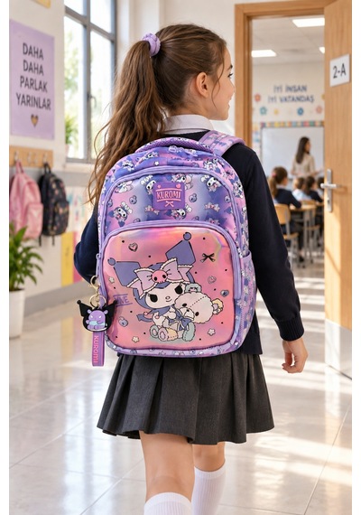 Kuromi Lisanslı Çocuk İlkokul Çantası Mor 3 Gözlü Okul İçin Sırt Çantası Modeli 40 X 28 X 15 Cm Çok Renkli