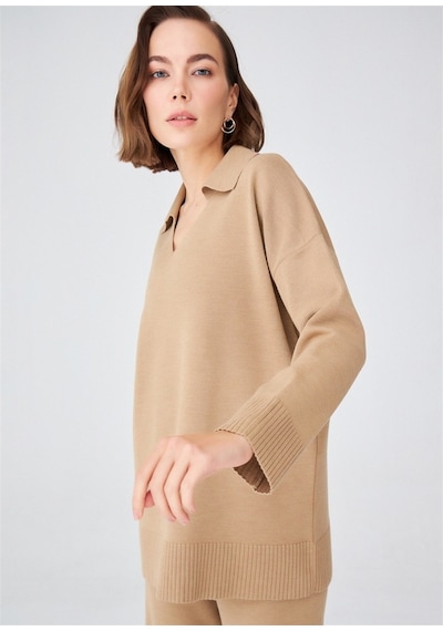 Peraluna Polo V Yaka Bol Kesim Kadın Triko Kazak Camel Melanj Camel