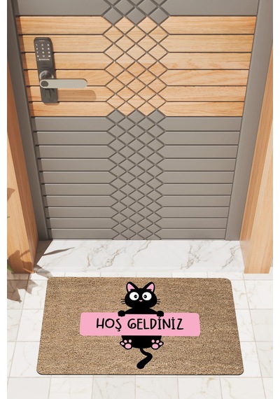 Rugmood Modern Dijtal Baskı Pembe, Siyah Hoşgeldiniz Kedi Kapı Önü Paspası Çok Renkli