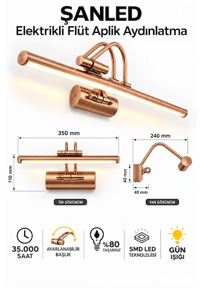 6w Elektrikli Flüt Led Aplik Bronz Renk Gün Işığı Ayarlanabilir Başlık 1 Adet