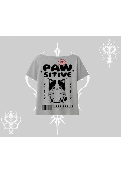 Tarzsokak Paw Sitive Kedi Arka Baskılı Kayık Yaka Tshirt Gri