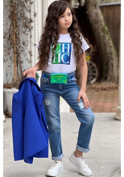 Riccotarz Kız Çocuk Üzeri Harf Pulpayet Tişört Ve Jean Saks Mavisi Blazer Ceket Alt Üst Takım Saks Riccotarz Kız Çocuk Üzeri Harf Pulpayet Tişört Ve Jean Saks Mavisi Blazer Ceket Alt Üst Takım Saks