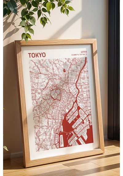 Tokyo Japonya Japan Haritası Çerçeveli Tablo Lüks Salon Ofis Duvar Dekorasyonu Hediyelik Tablo Kayın