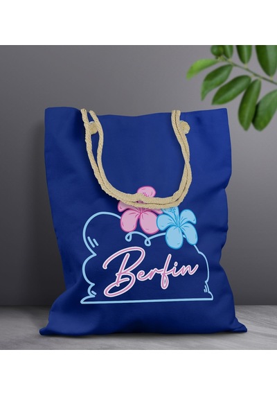 Bk Gift Kişiye Özel Yaz Temalı İsimli Saks Mavi Halat Saplı Kumaş Plaj Çantası -4, Baskılı Omuz Çantası, Alışveriş Çantası, Arkadaşa Hediye, Sevgiliye Haki