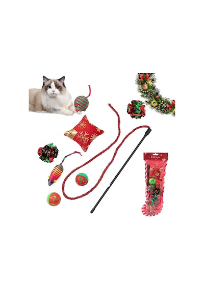 Yılbaşı Temalı Kedi Oyuncak Seti 8 Parça Zilli Ve Hışırtılı Toplar, İpli Fareler, Peluş Noel Yastığı