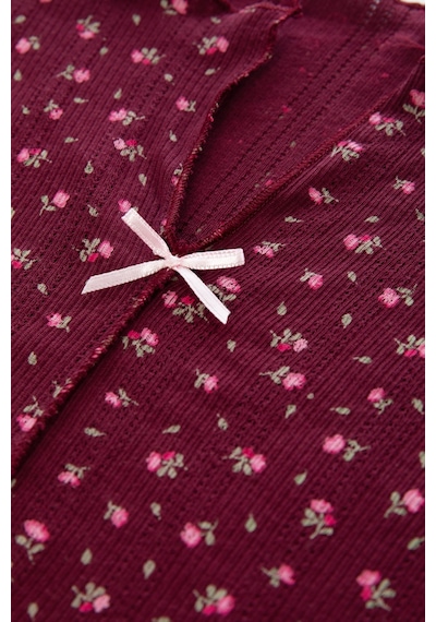 Kadın Pamuklu Çıtır Çiçek Desenli Baby Overloklu Fiyonk Detaylı Uzun Kollu Pijama Takımı Ko70142 Bordo - Pembe