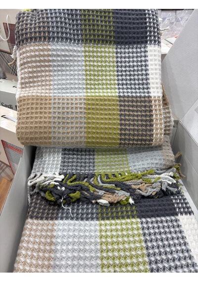 Sesli Comfort Yeşil Bej Skoç Pamuk Örme Battaniye 200x220 Çift Kişilik Battal Diğer