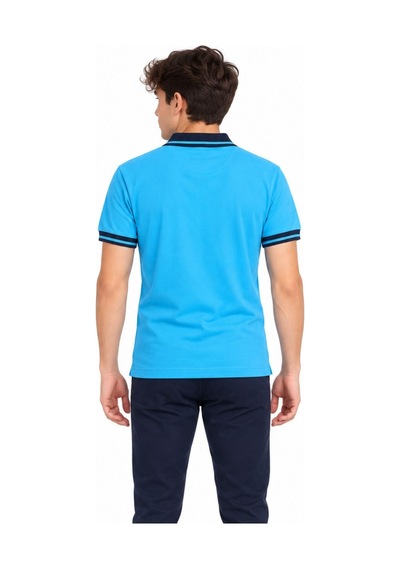 Lacivert Yakalı Turkuaz Kısa Kol Düz Renk Lakos Tişört Polo Yaka T-shirt