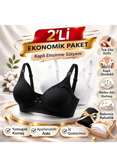 Kaplı Emzirme Sütyeni 2'li Ekonomik Paket Balensiz & İç Göstermez Siyah - Beyaz