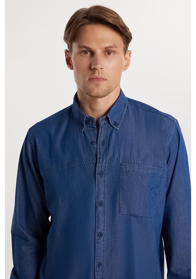 Tudors Regular Fit Rahat Kesim Cepli Denim Düğmeli Yaka Mavi Kot Gömlek-33297 Mavi
