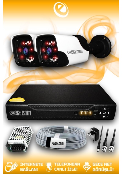 Elitcam 2 Kameralı Panda 2 Dış Kamera Set HDD'siz Full HD Gece Görüşlü Güvenlik Kamerası Sistemi